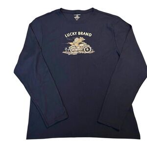 🆕 Lucky Brand Men's Dark Blue Coyote Biker Graphic Thermal Long Sleeve Tee Sz XL